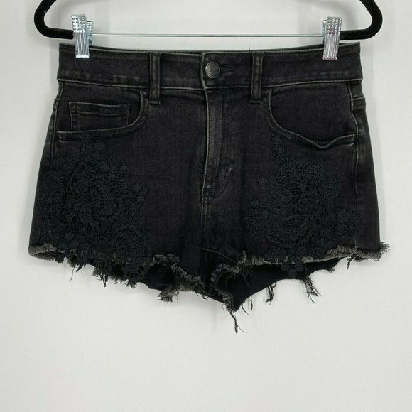 American Eagle Outfitters Pants - American Eagle Lace Cutoff Jean Short Women Size 4 High Rise Stretch Denim Black
